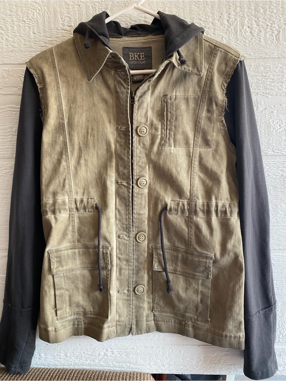 BKE Olive Canvas Field Jacket with Black Hoodie Sleeves